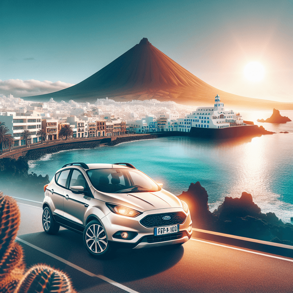 City car in Arrecife with sunset, sea, and volcanoes