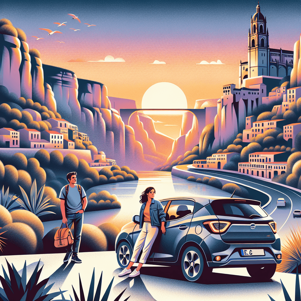 City car, couple, cliffs, river Júcar, sunset in Cuenca