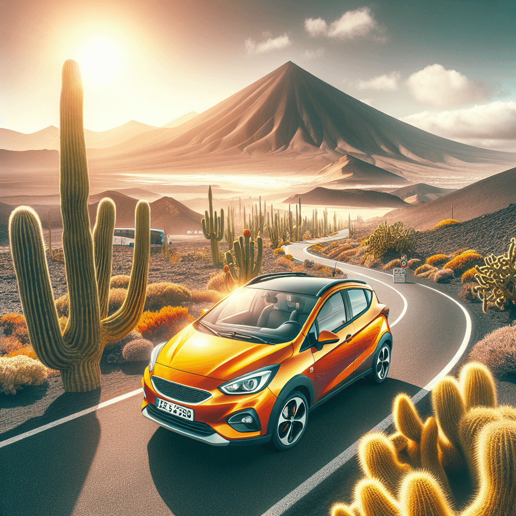 City car, cacti, volcanic mountains, and sandy dunes