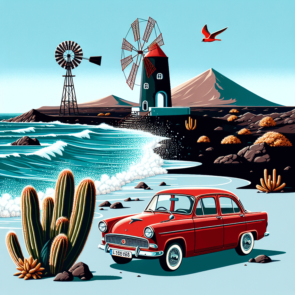 City car near Lanzarote's black beach, windmill, and birds