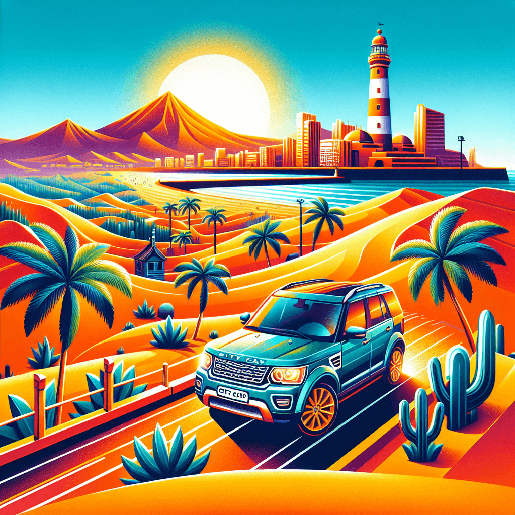 City car, sand dunes, palm trees, lighthouse in Maspalomas