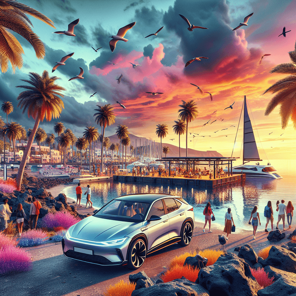City car near palms and rocks with sunset and yachts