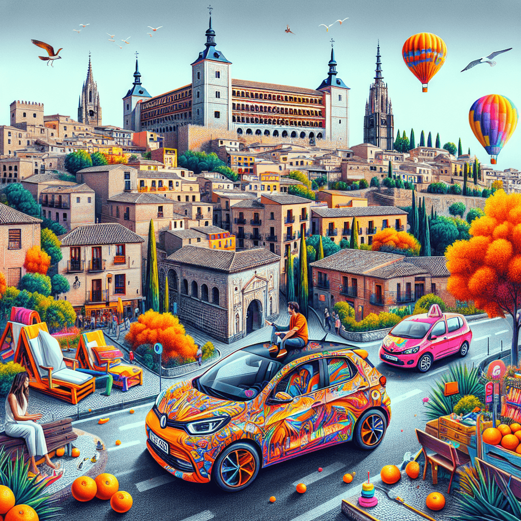 Coche de ciudad en Toledo, globos, naranjas y personas