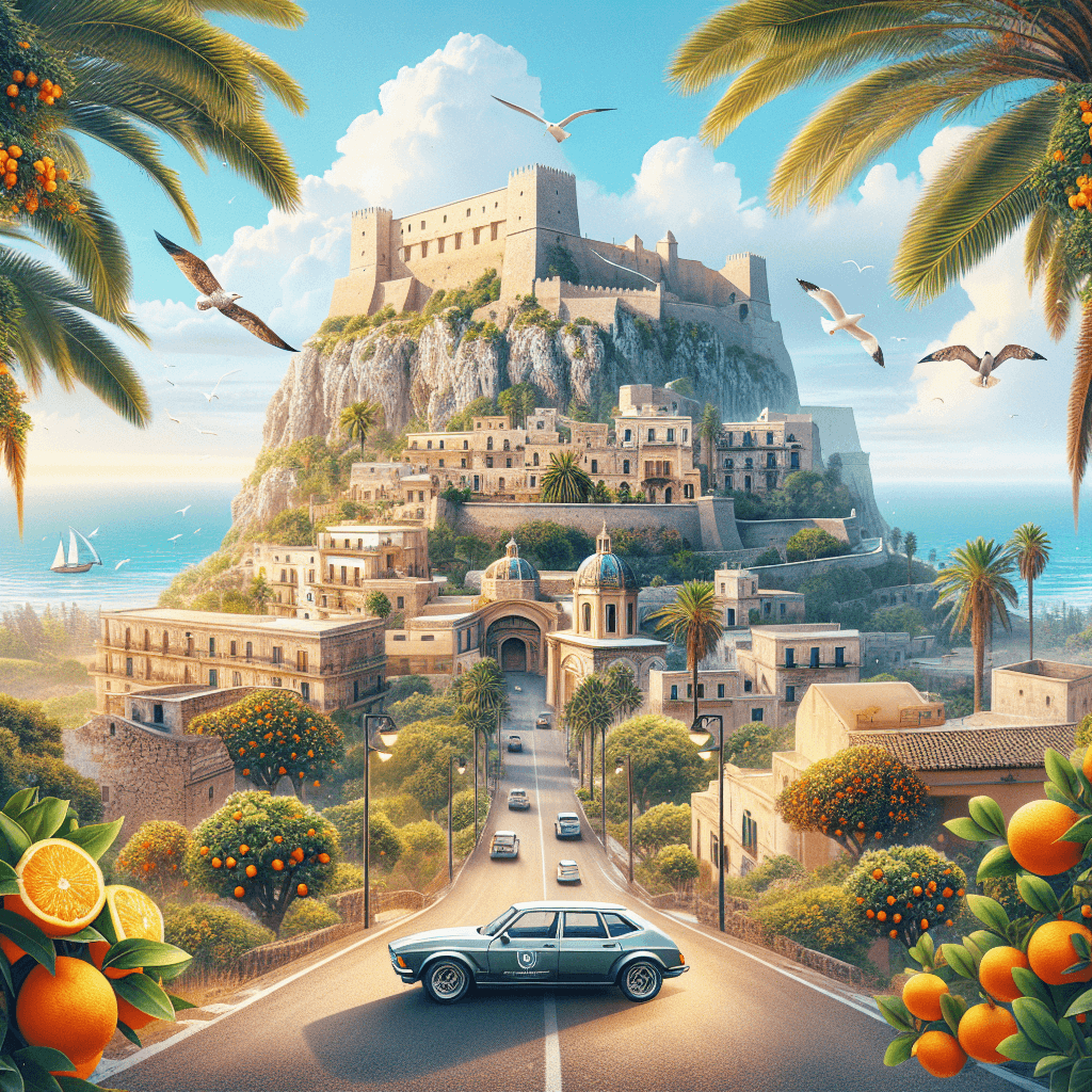 City car in Almuñécar with castle, citrus trees, Mediterranean sea