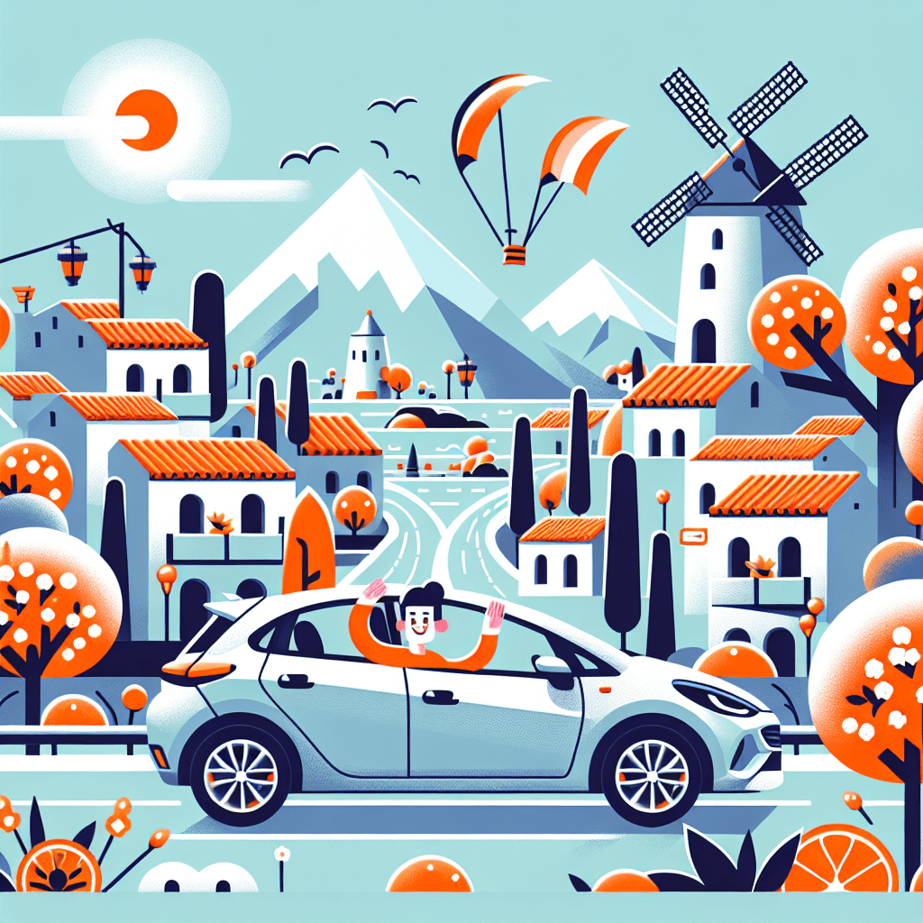 voiture urbaine, naranjos en flor, moline de vent, montagnes