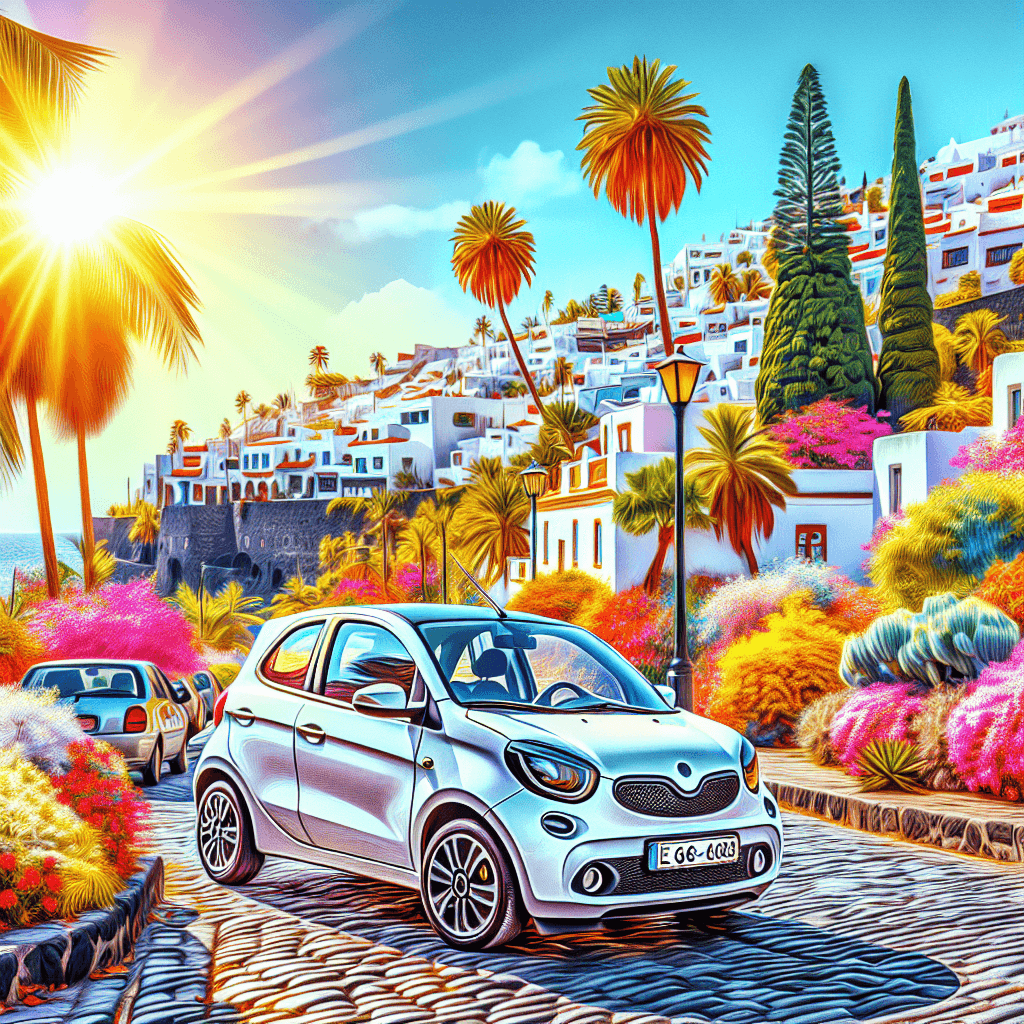 City car on Adeje's cobblestoned streets with palm trees