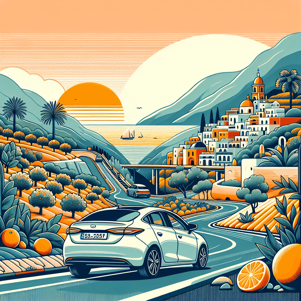 City-car amid Aguadulce sunset, orange-groves and sea