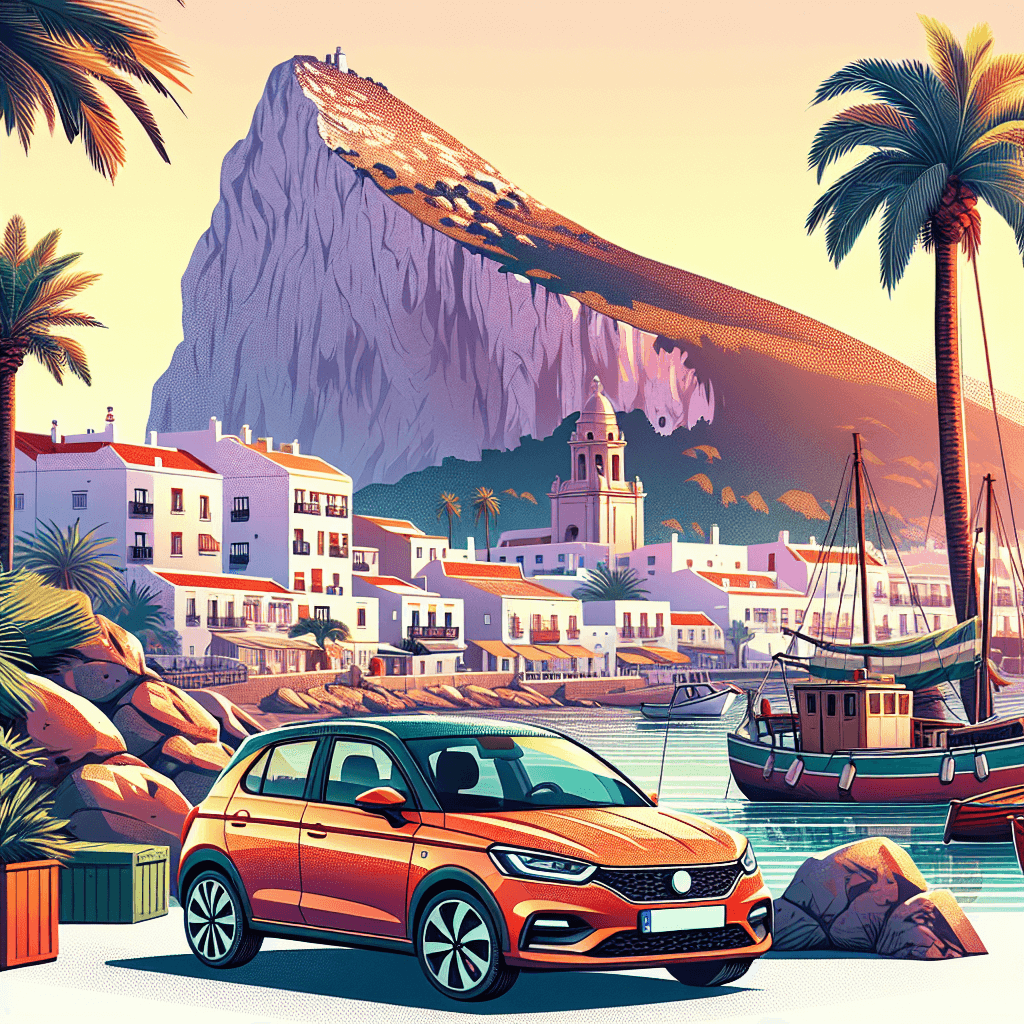 City car, palm trees, sea, fishing boats, Rock of Gibraltar