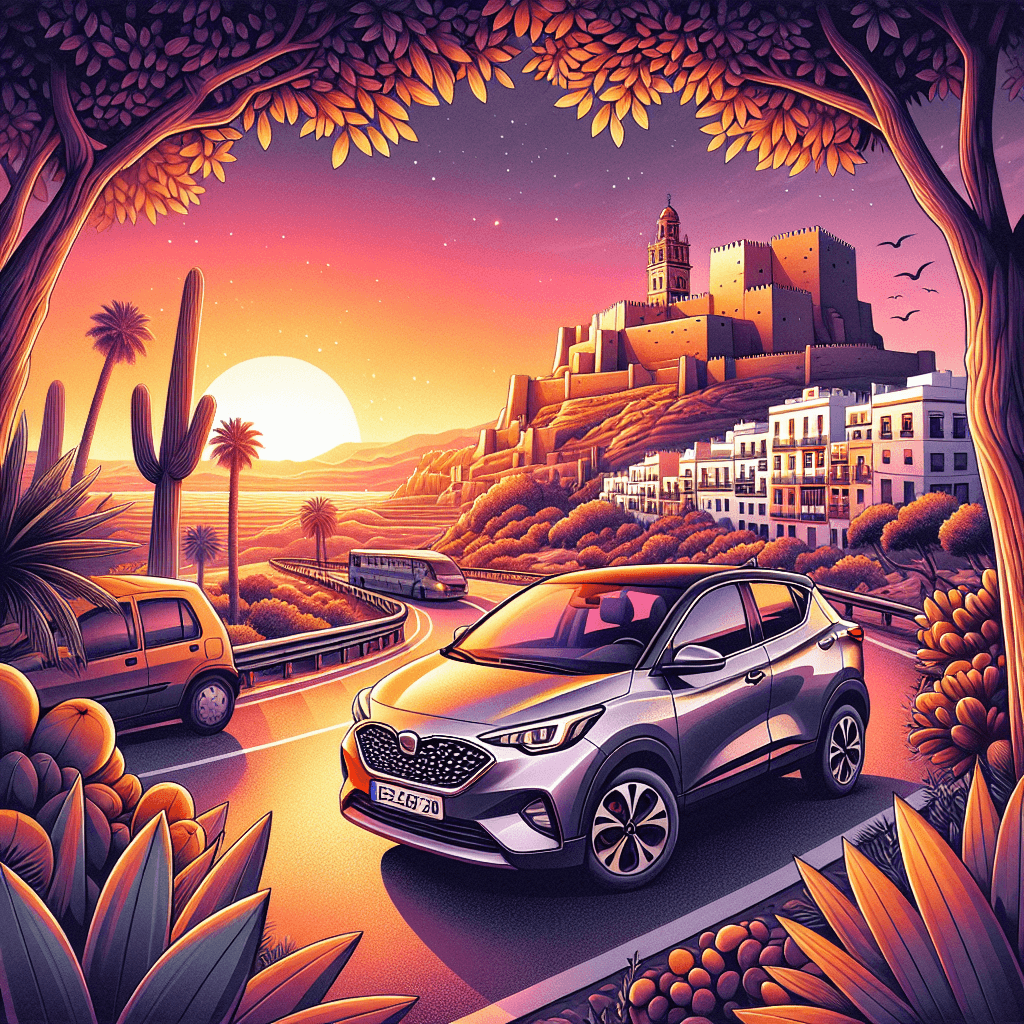 Modern city car amidst Almeria's fortress and spirited sunset