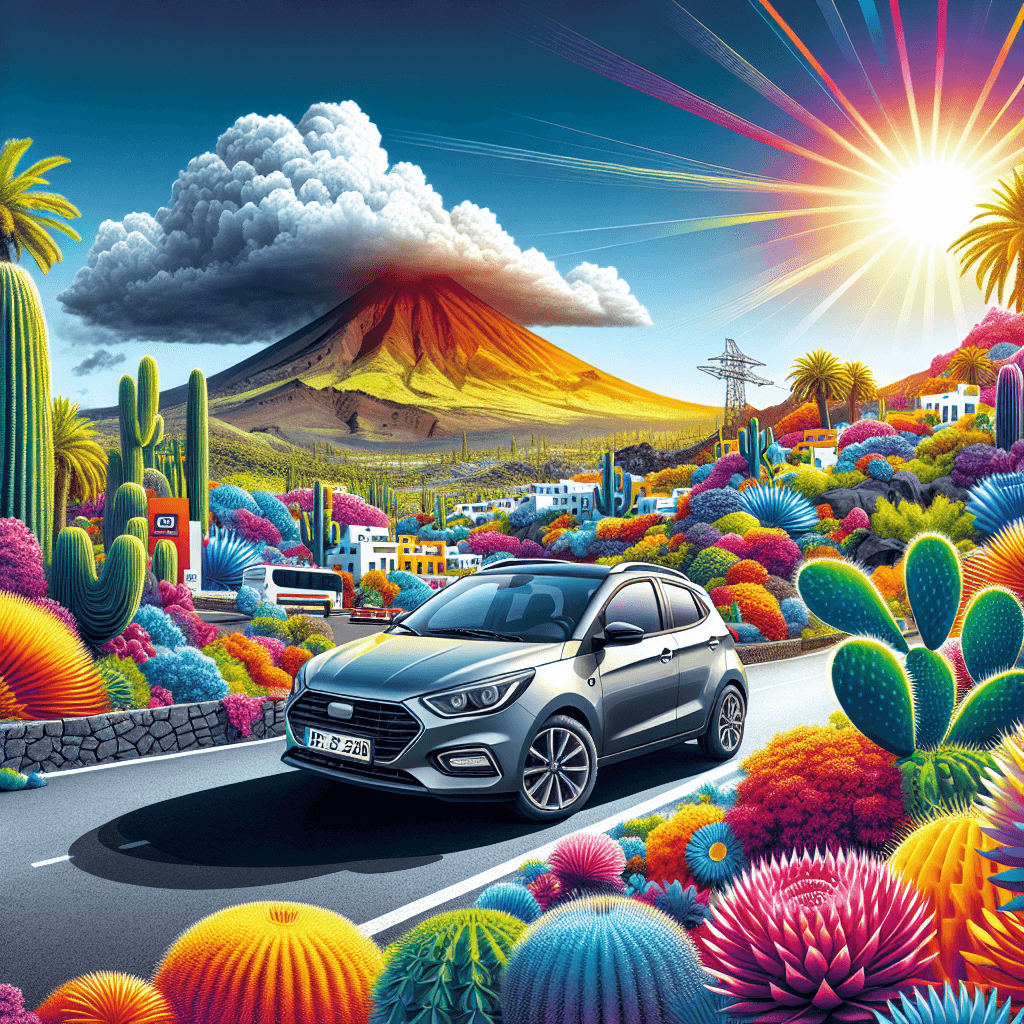 Auto in città circondata da palme, fiori di cactus, vulcano