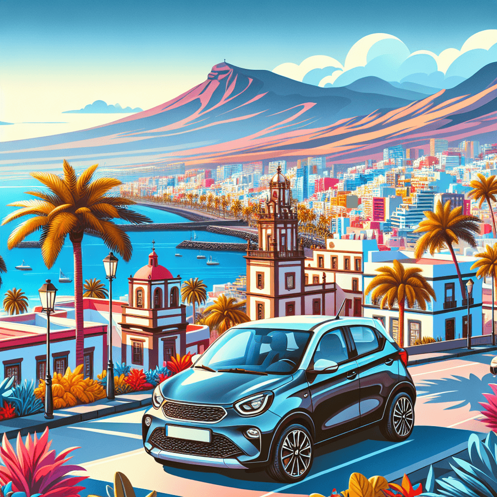 Auto in città, palme, mare azzurro e montagne di Gran Canaria
