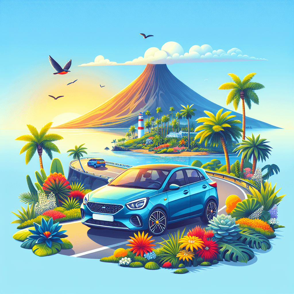 Auto in città, vulcano, palme e fiori tropicali, oceano Canarie