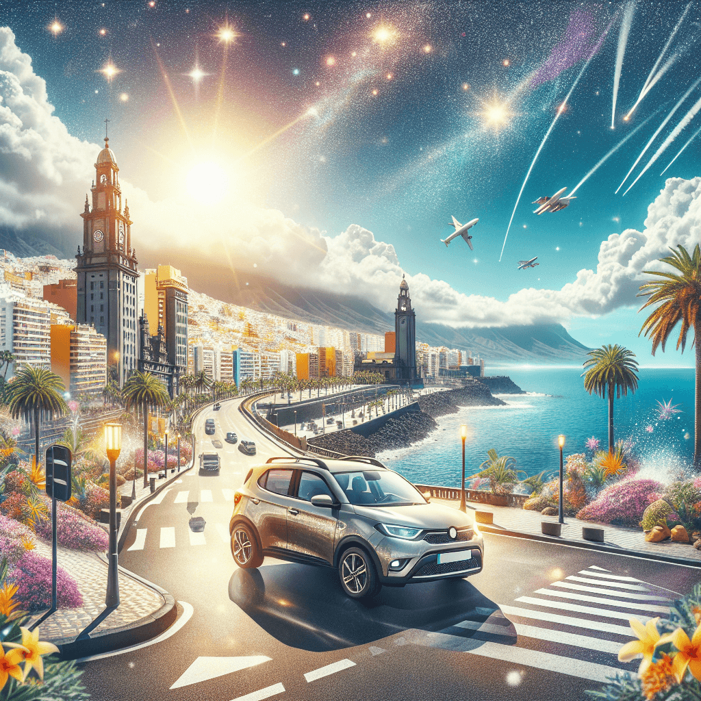 Un auto in città tra palme, fiori tropicali e oceano