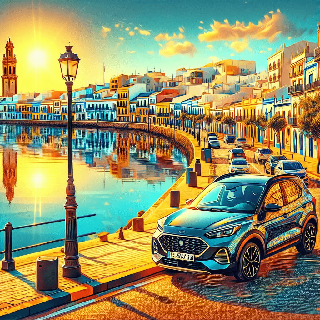 City car parked near colourful houses, lighthouse, and Guadiana River.