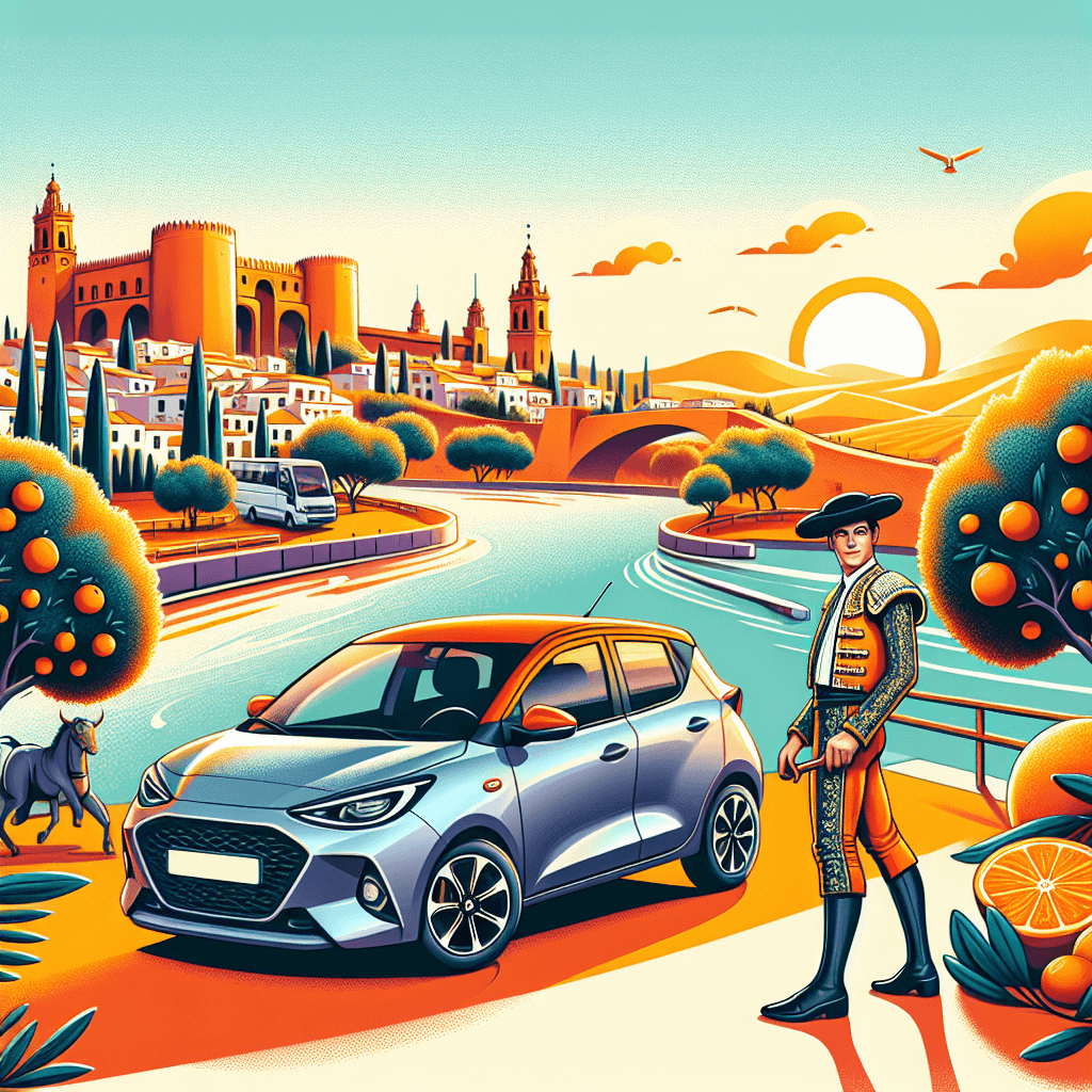 City car in Badajoz landscape with a matador, fortress, river, and vineyards