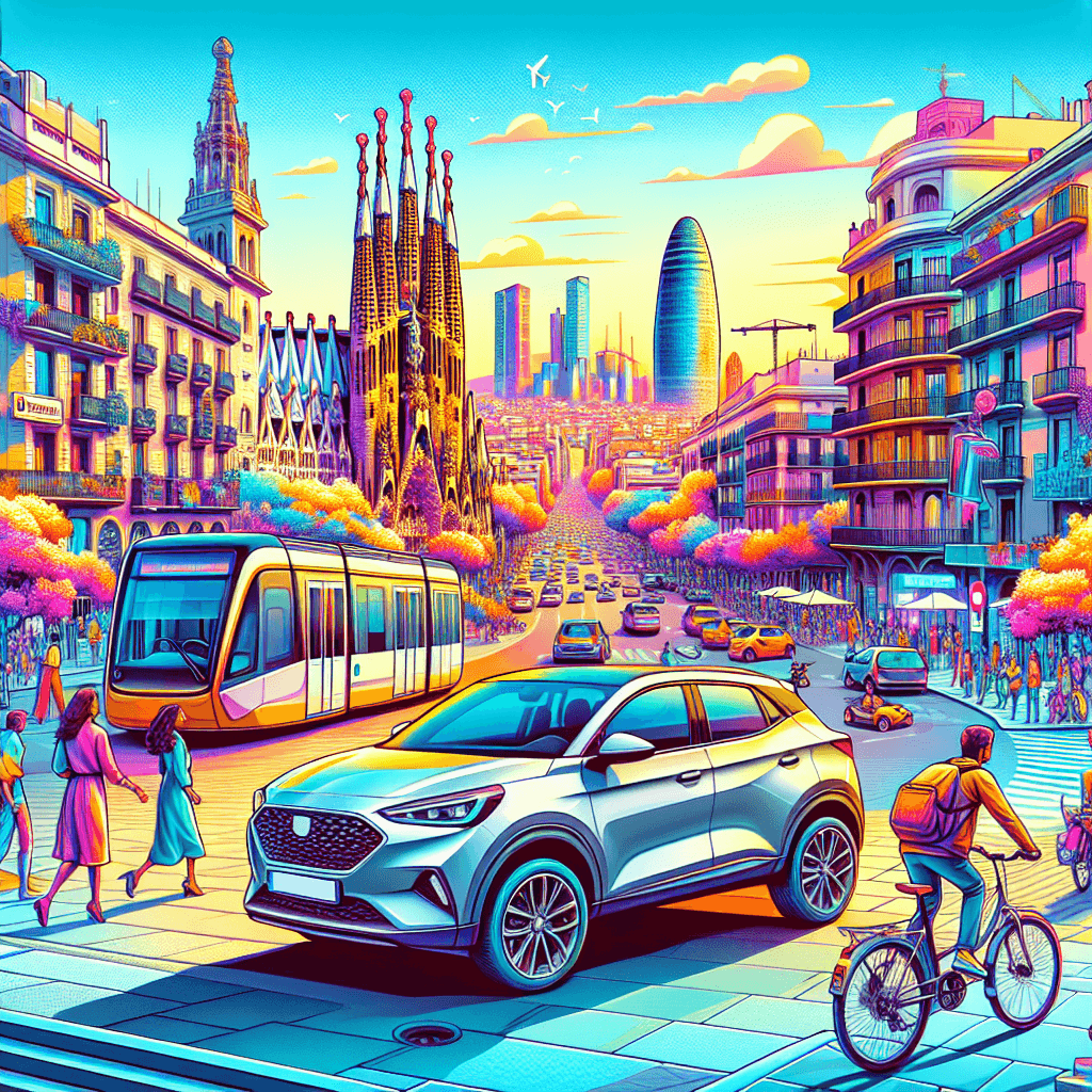 Coche de ciudad en coloridos y vibrantes escenarios de Barcelona