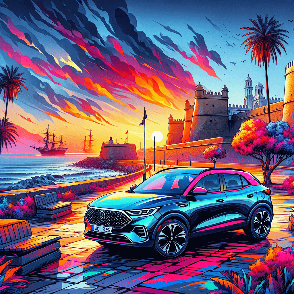 rental car in Cadiz fortress walls, palm trees, vibrant sunset
