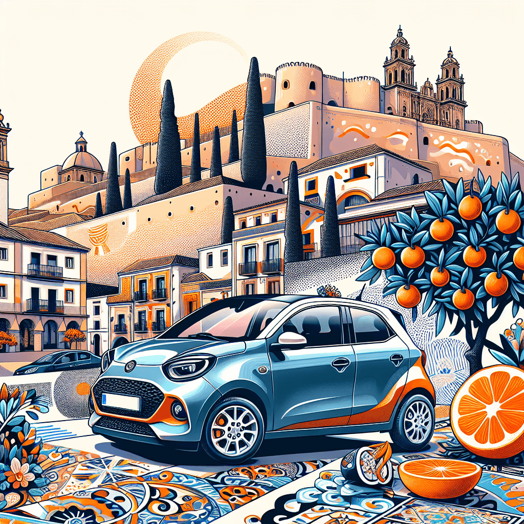City car amid vibrant orange trees with a castle backdrop