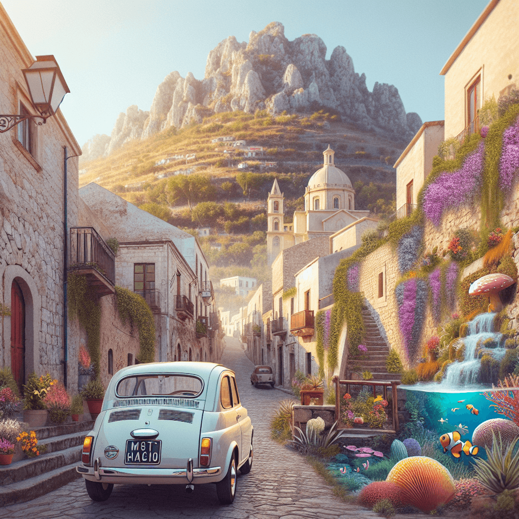 City car in unique Ceuta landscape with marine and floral elements