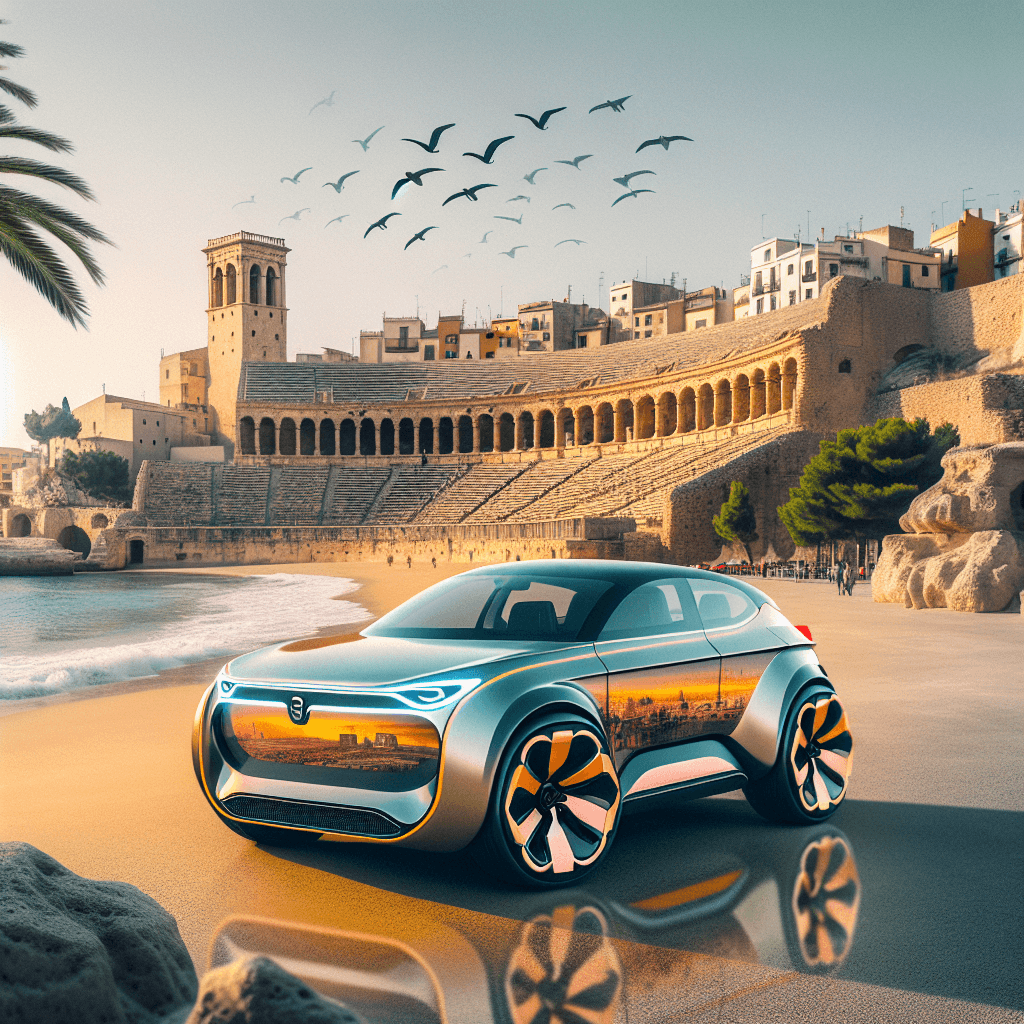 Auto futuristica, anfiteatro romano, mare, uccelli e palma