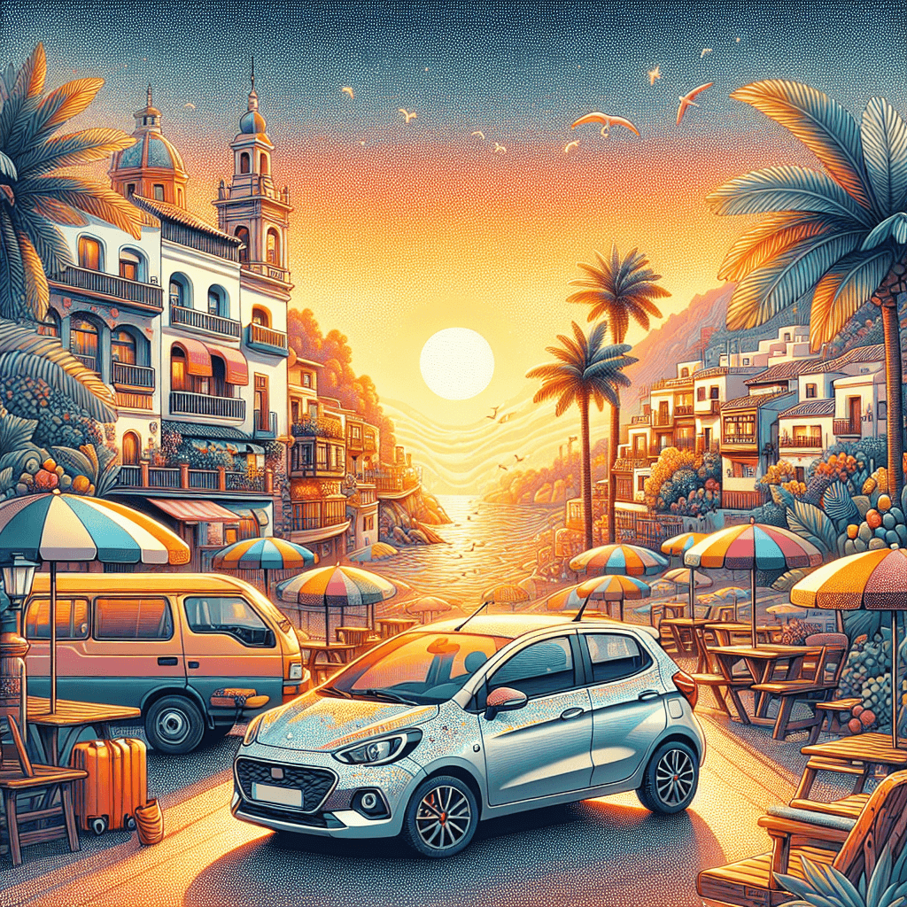 Auto in città, case andaluse, palme, ombrelloni, tramonto