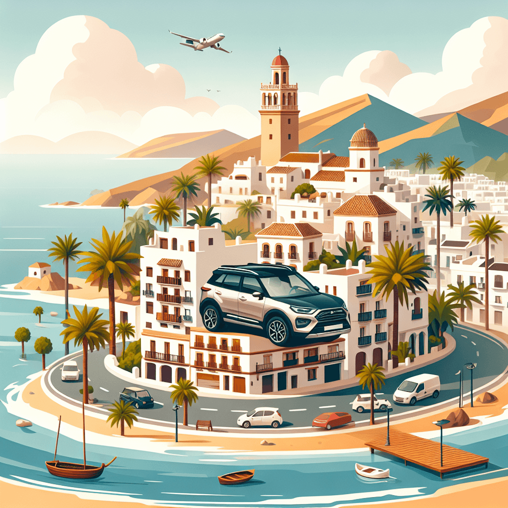 City car amid Andalusian buildings, beach, palm trees