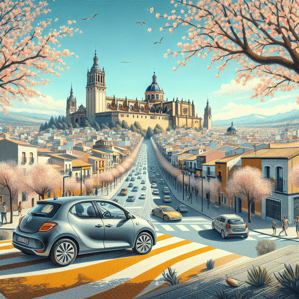 City car amid Alcalá scenery, historical buildings, blooming almond trees