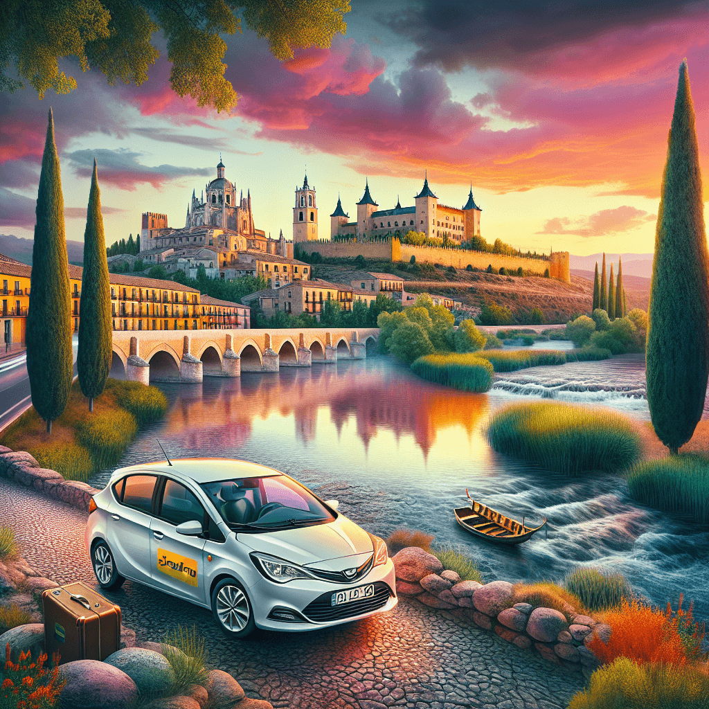 City car near Valladolid castle, river, and sunset
