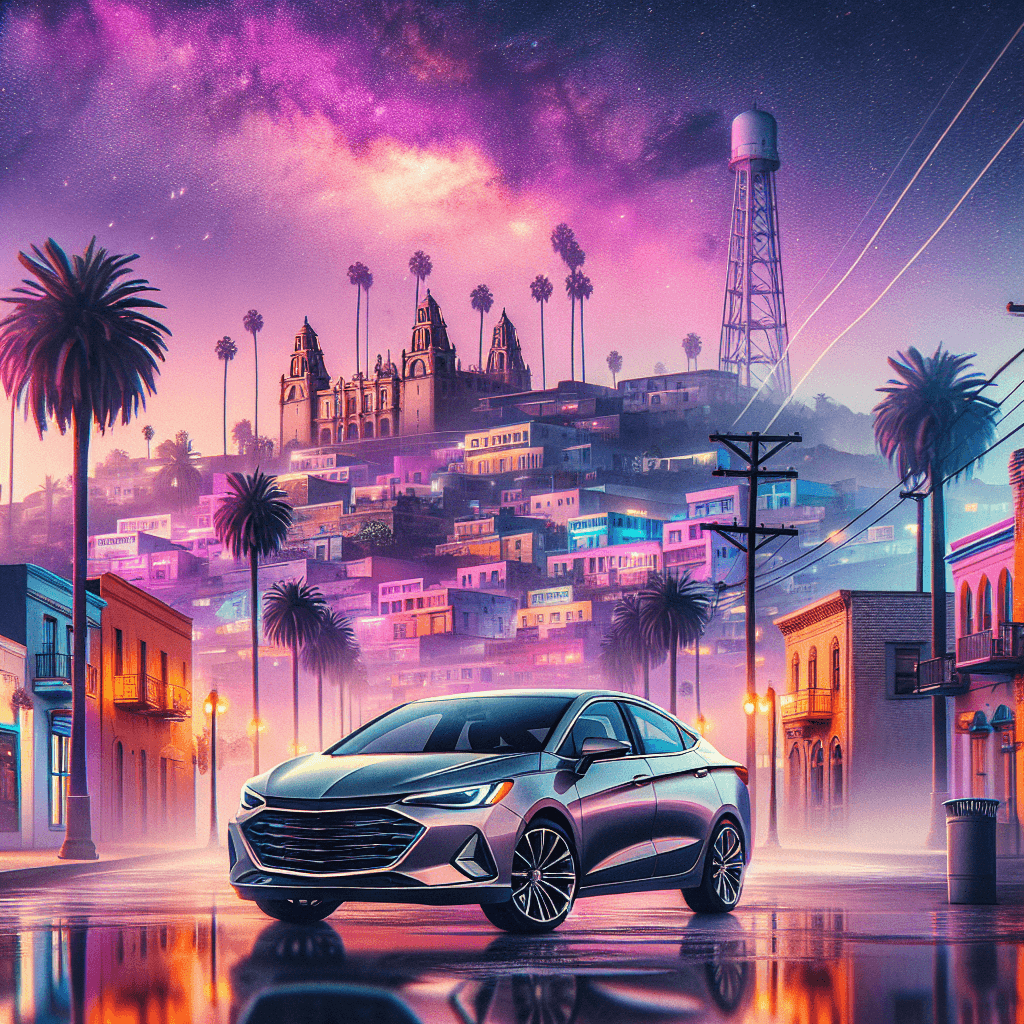 Urban car amidst San Fernando's vibrant cityscape, palm skyline and purple dusk.