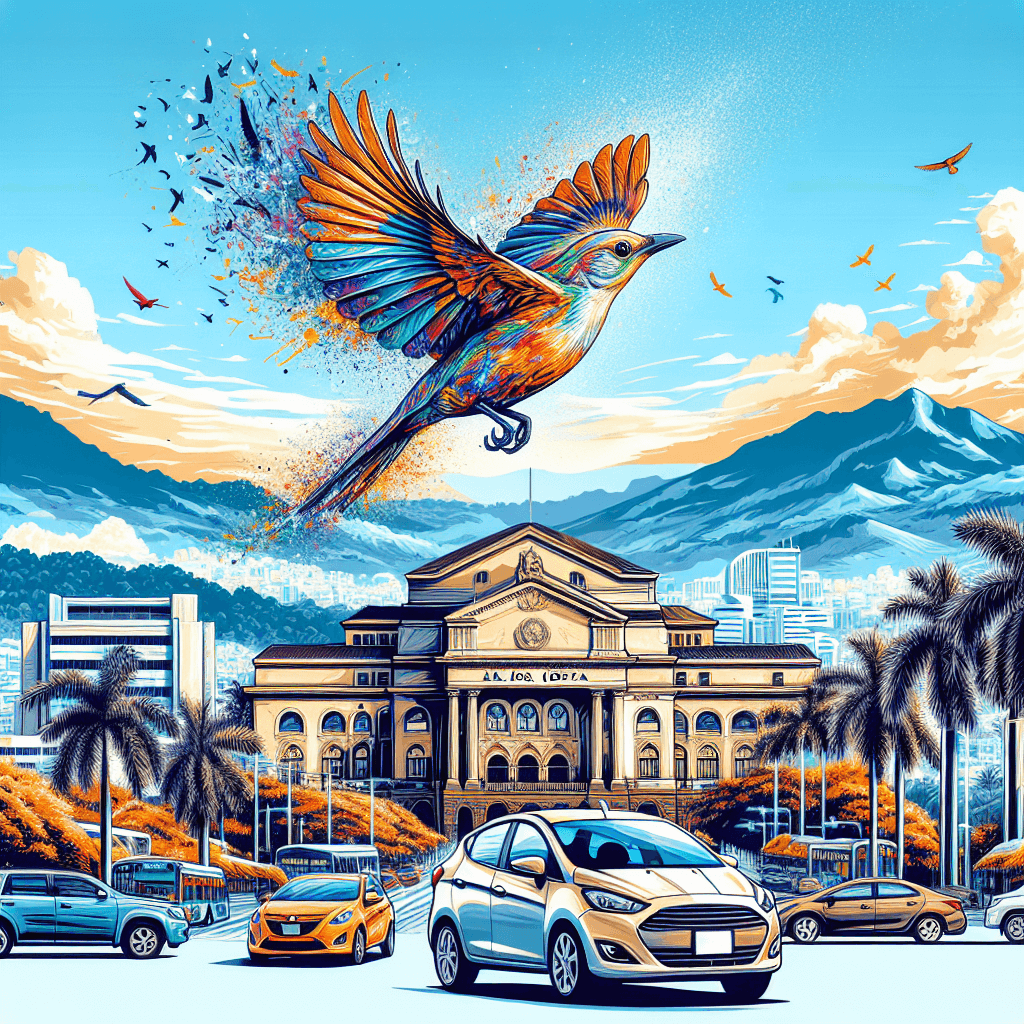 City car in San José with palm trees and Clay-colored Thrush