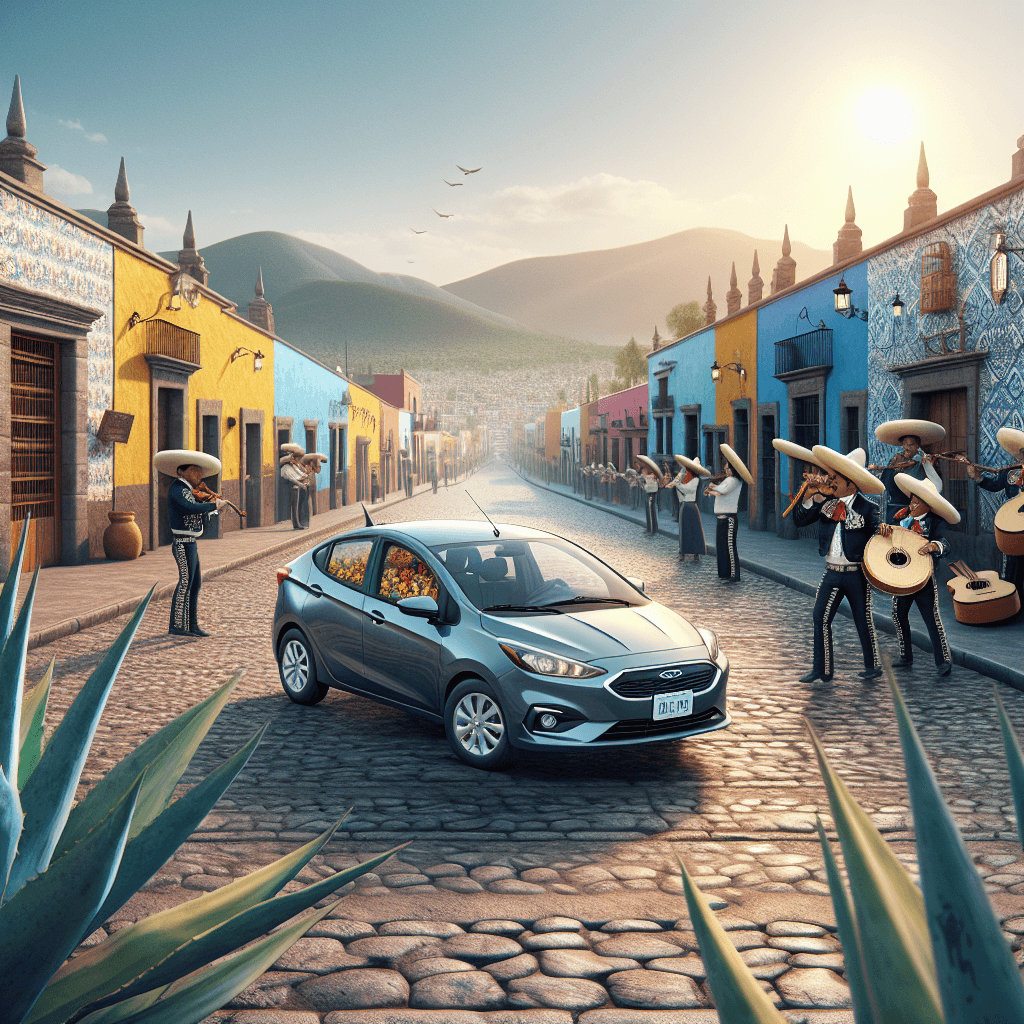 City car cruising past agave fields, mariachi, sunset