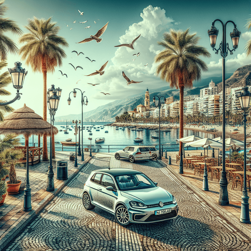 Coche en Torremolinos, farolas, cafetería, adoquines, mar y aves