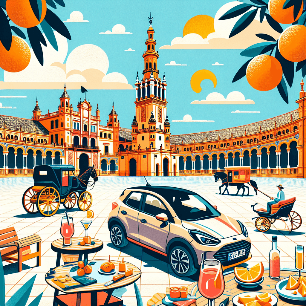Compact dans une place typique de Séville, avec des orangers et des tapas