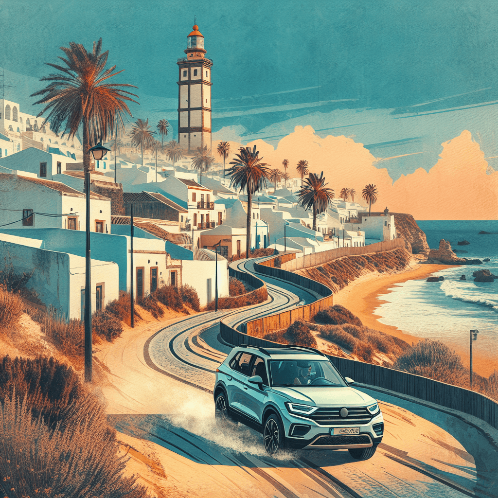 Coche urbano en Conil, faro, playa, palmeras, casas blancas