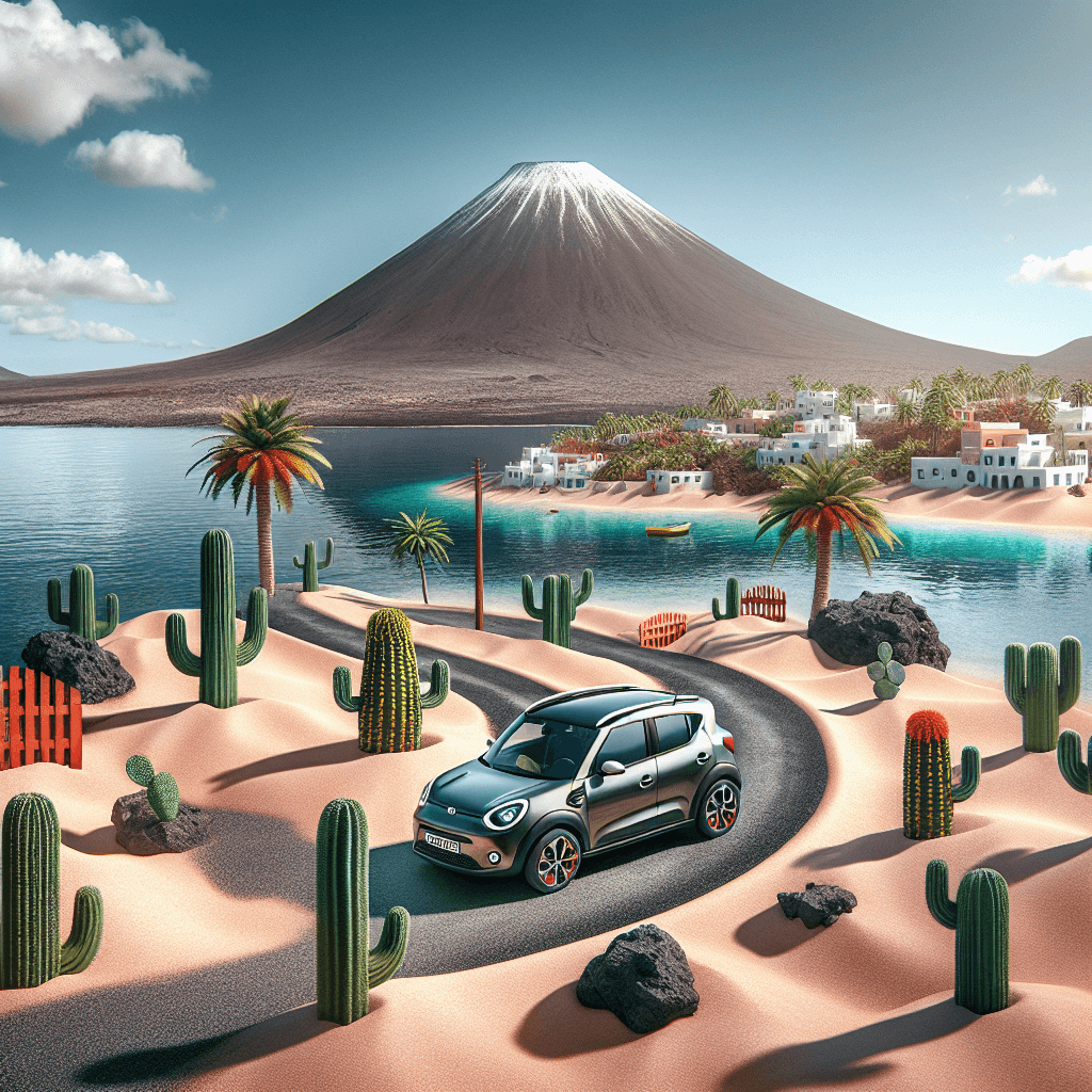 Un'auto, palme, cactus, vulcano e mare cristallino