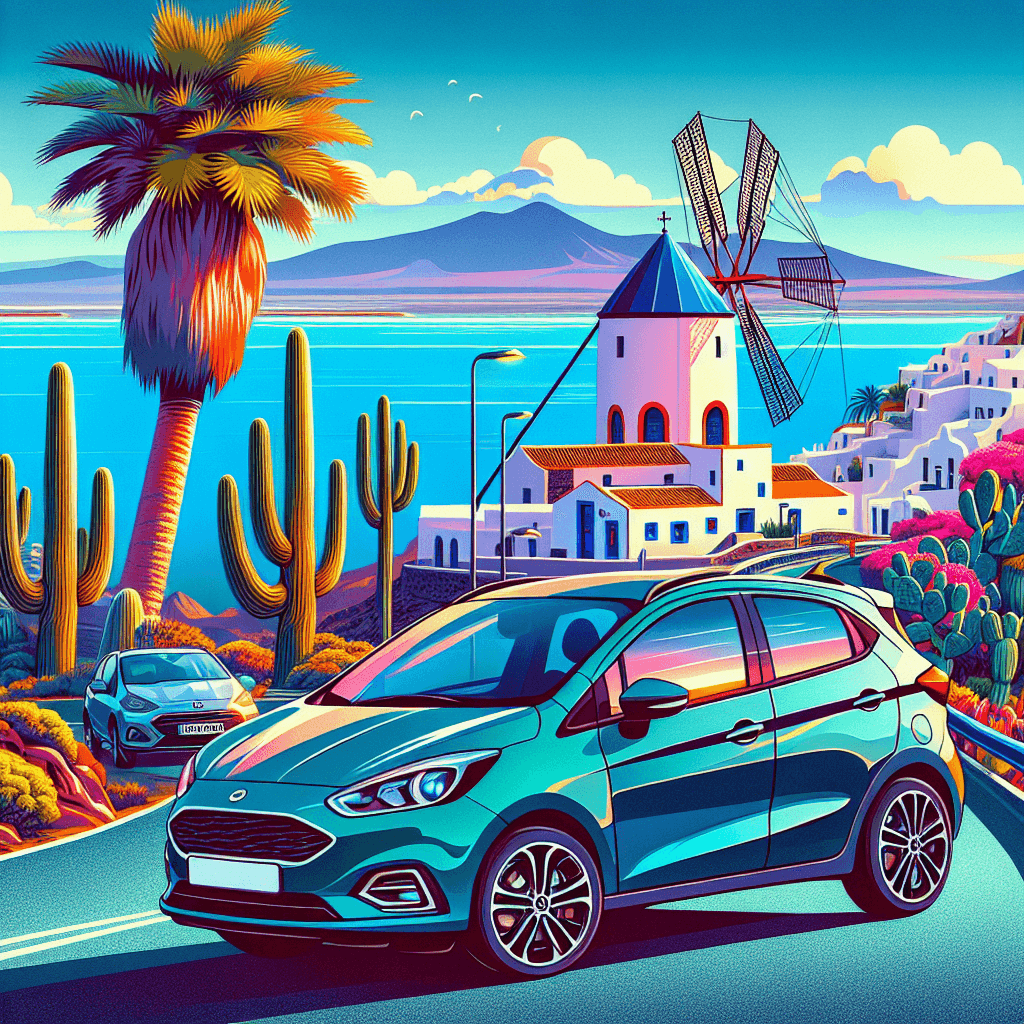 City car, cactuses, palm trees, blue-domed church with windmill against azure sea backdrop