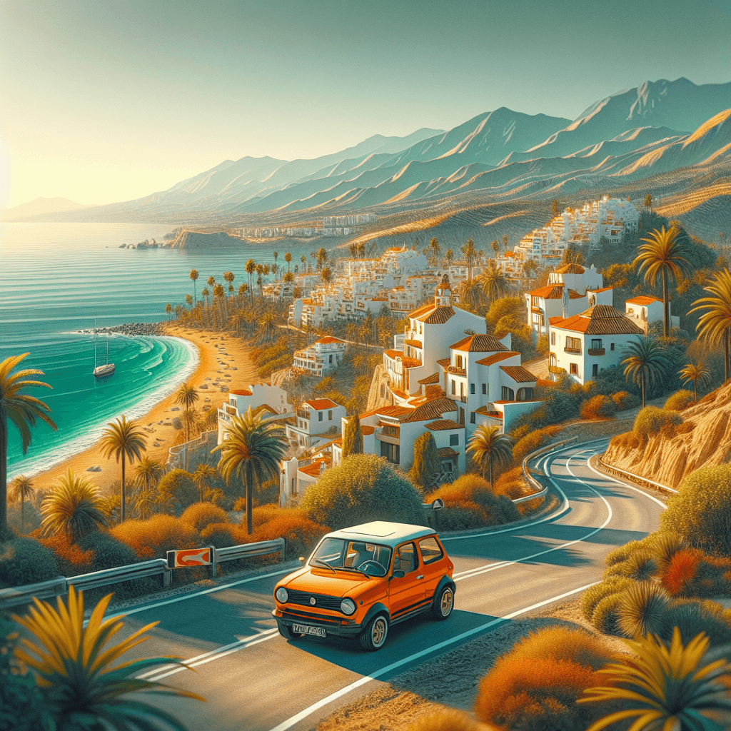 City car amid Costa del Sol landscape: beach, sea, mountains