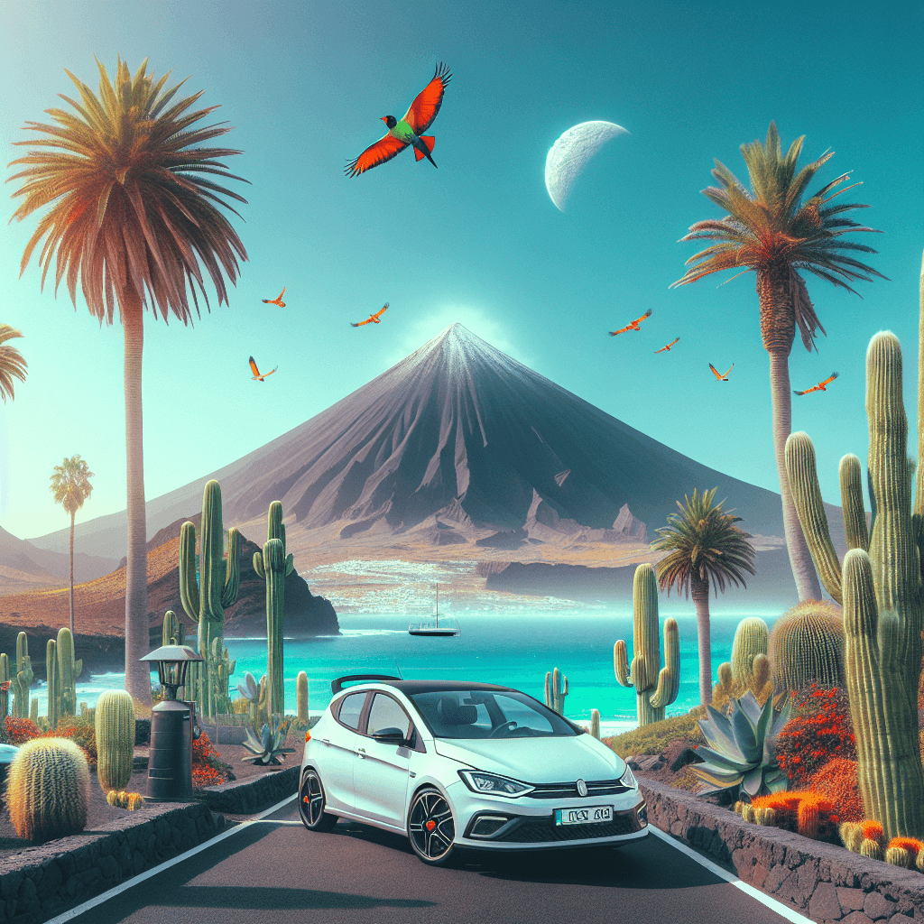 Urban car amidst Canarian volcano, palm trees and ocean