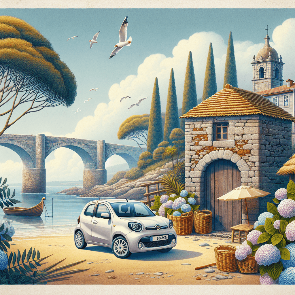 City car on Galician landscape with bridge, granary, and seagulls
