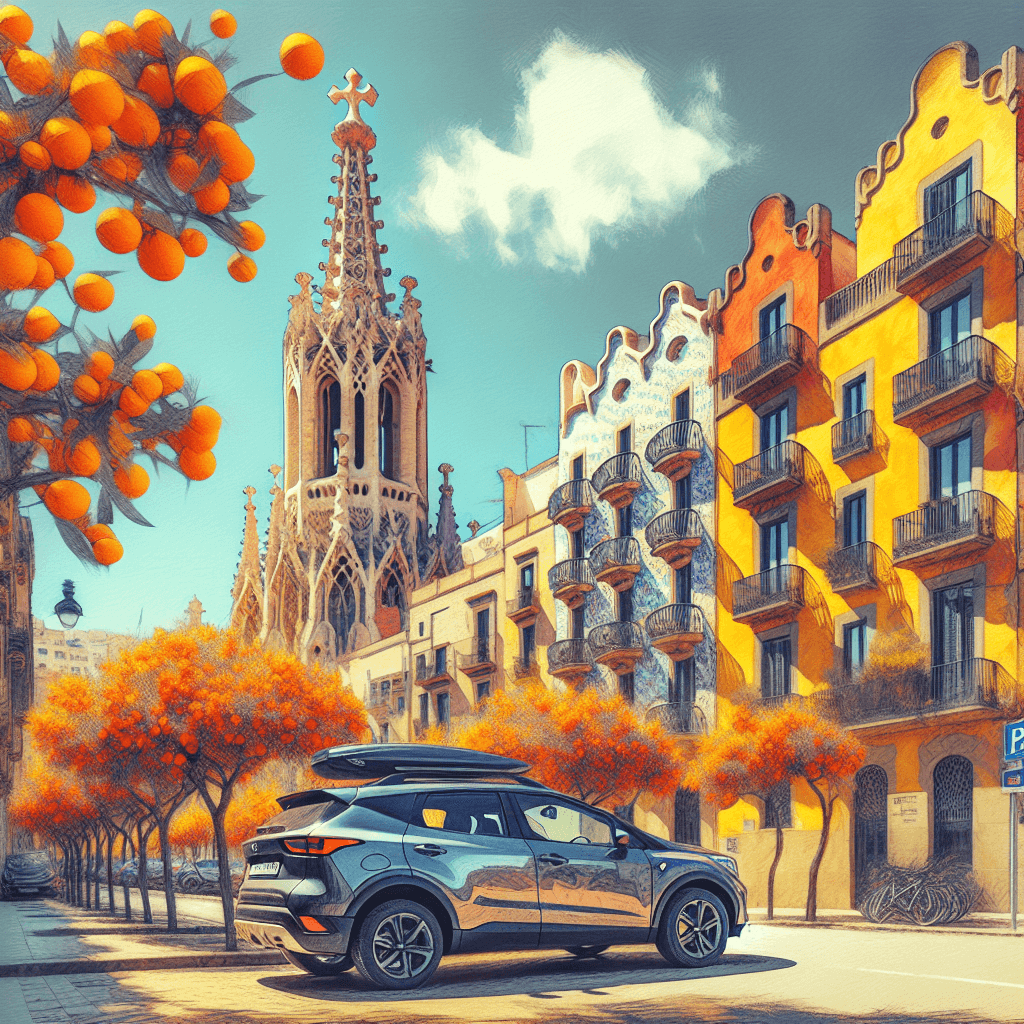 Reus Stadtauto, blauer Himmel, blühende Orangenbäume, farbenfrohe Architektur