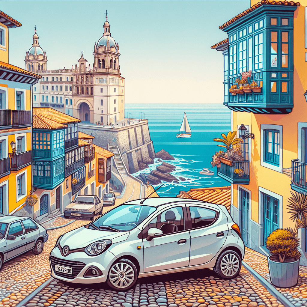 City car on cobblestone streets, balconies, ocean and University Laboral