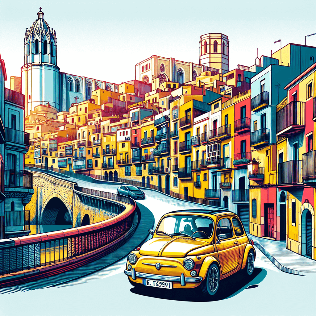City car across Girona's medieval landscape with colorful features