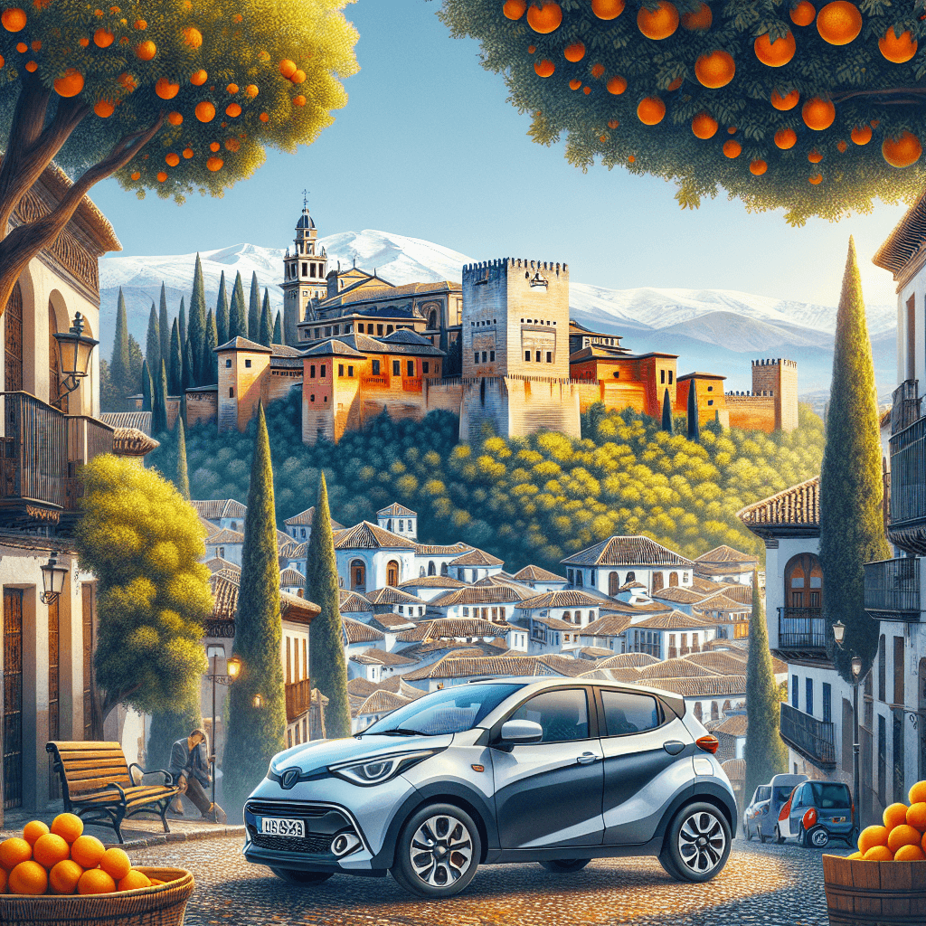City car, Granada architecture, orange trees, Alhambra, mountains