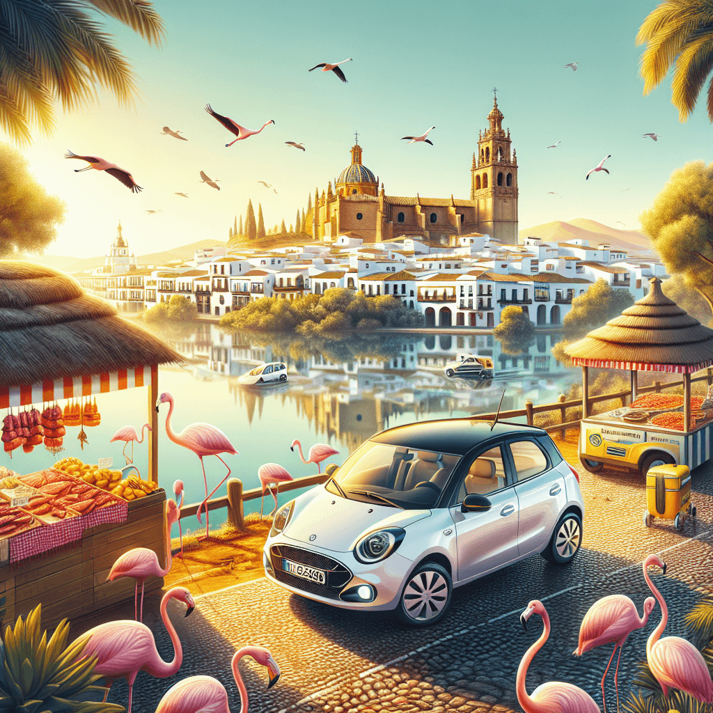City car in Huelva landscape with flamingos, mines, church, ham, and strawberries