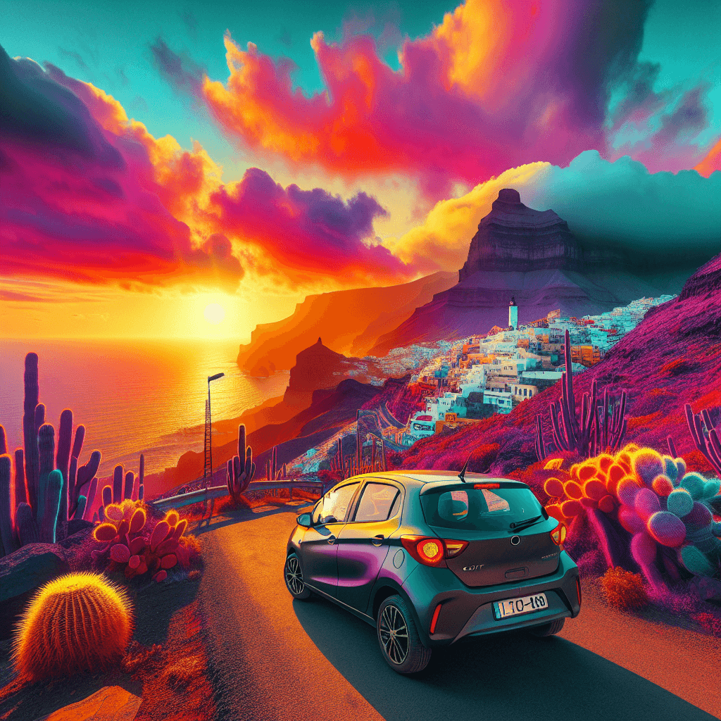 City car, lighthouse, cliffs, cacti, and radiant sunset