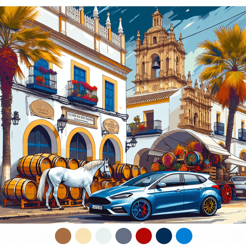 City car, Andalusian horses, old casks and palm trees