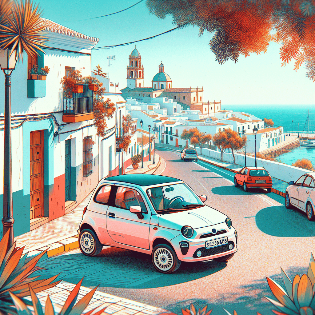 Kleinstadt-Auto geparkt in Flamenco-buntem Chiclana, Andalusische Gebäude, Ozean im Hintergrund