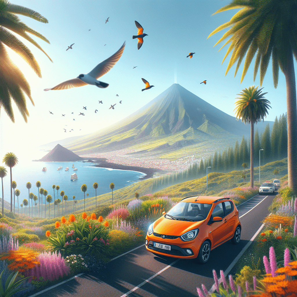 Orange city car in La Palma landscape with birds and ocean waves
