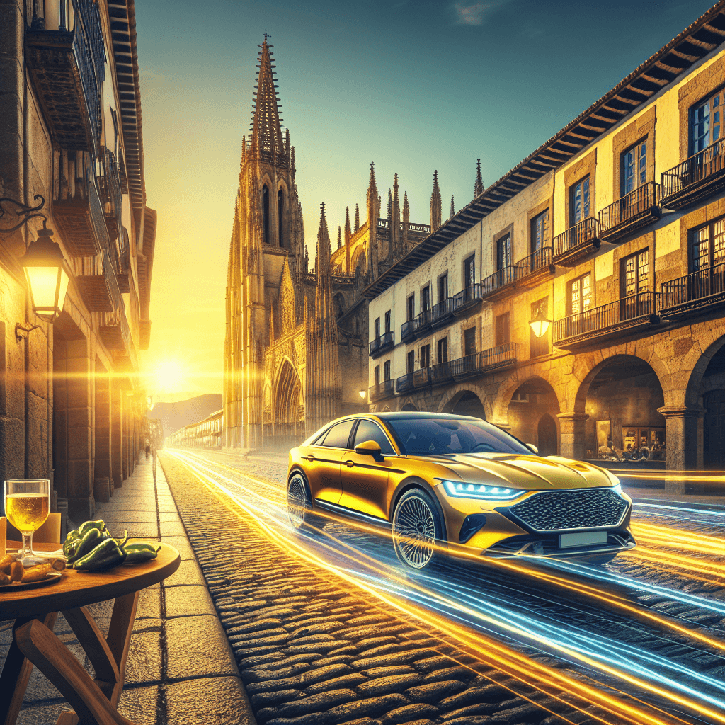 Stadtauto in León, Straßencafé, Gotische Kathedrale, Sonnenuntergang
