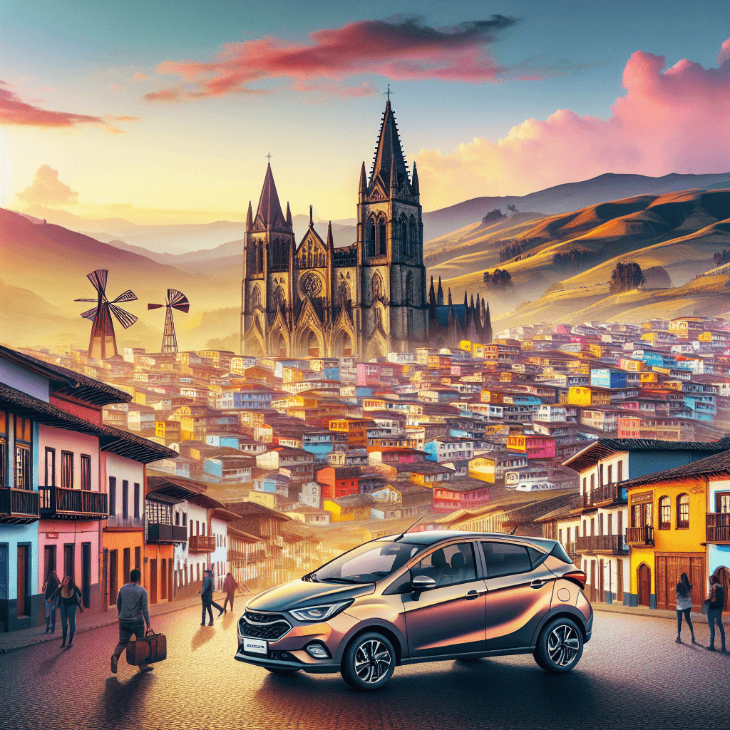 City car, Loja downtown, cathedral, bustling locals, windmill, mountains, sunset